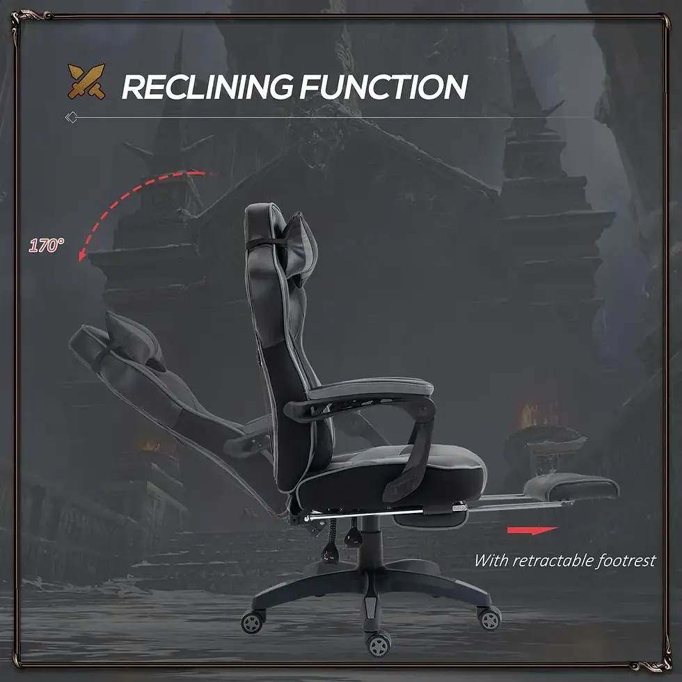 Thumbnail: Gaming Chair Ergonomic Reclining w/ Manual Footrest Wheels Stylish Office Grey