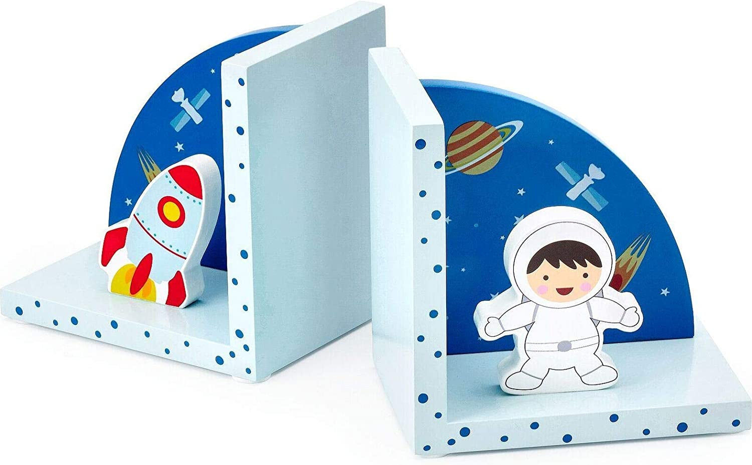 3D Rocket Space Themed Wooden Children's Bookends for Boys or Girls Nursery or B