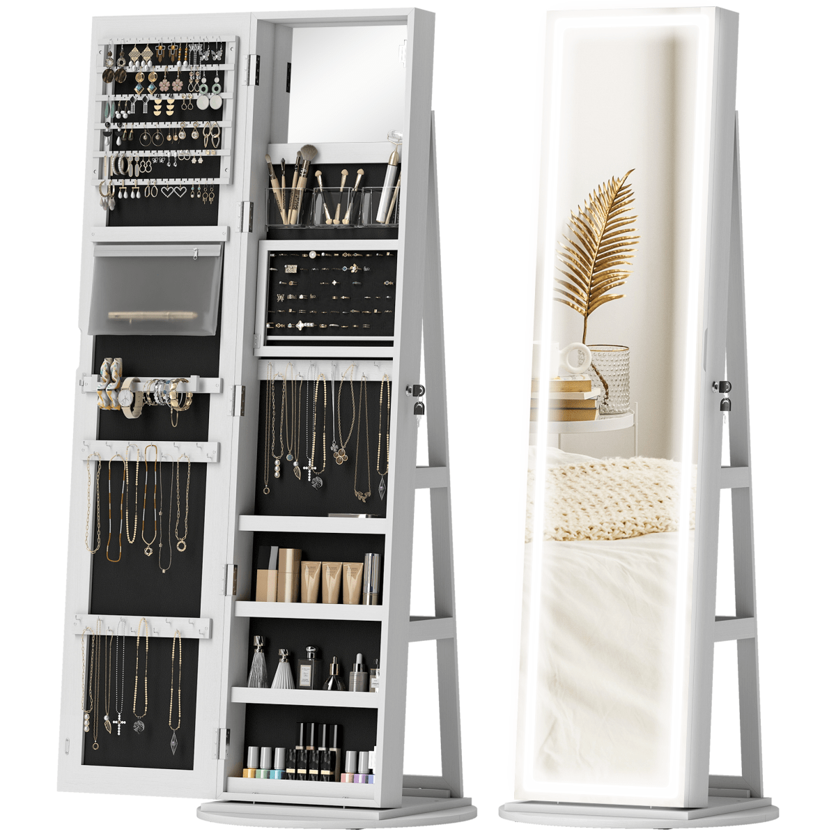 360° Swivel Jewellery Cabinet with Full-Length Mirror and Storage, White
