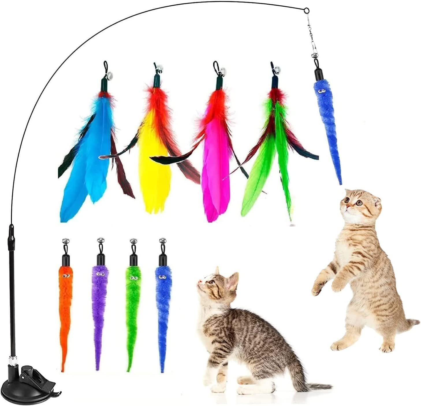 8Pcs Cat Feather Toys Interactive Cat Toys Cat Teaser Wand with Suction Cup Deta
