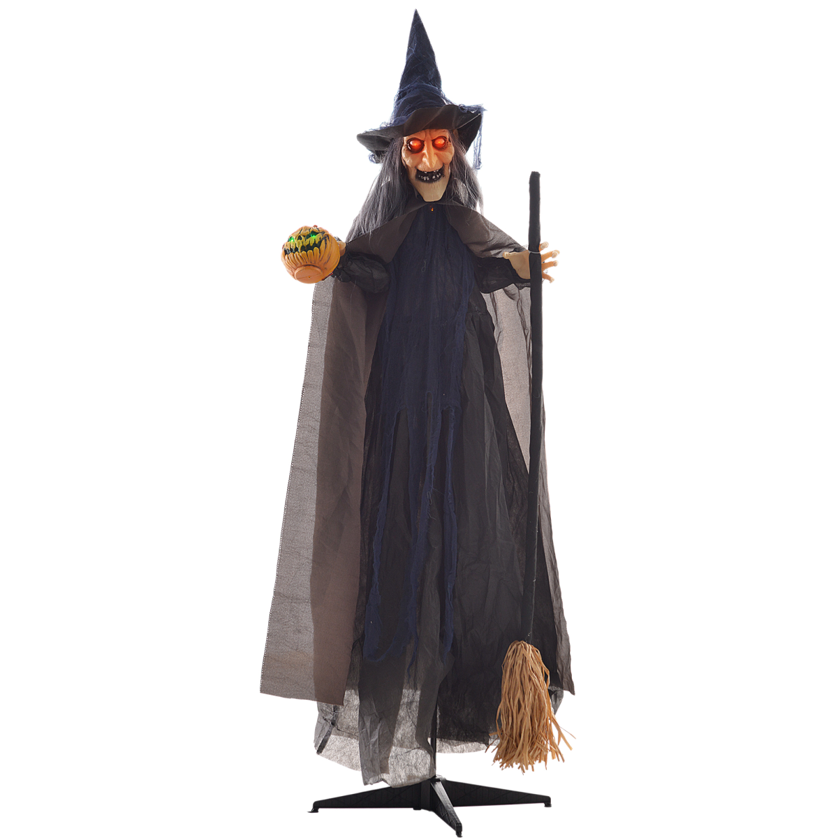 Witch with Broom Halloween Animatronic – Light-Up Eyes