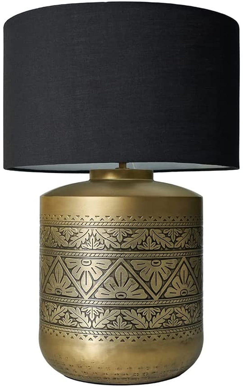 Thumbnail: Large Vintage Gold Floral Patterned Table Lamp with a Black/Gold Cylinder Shade