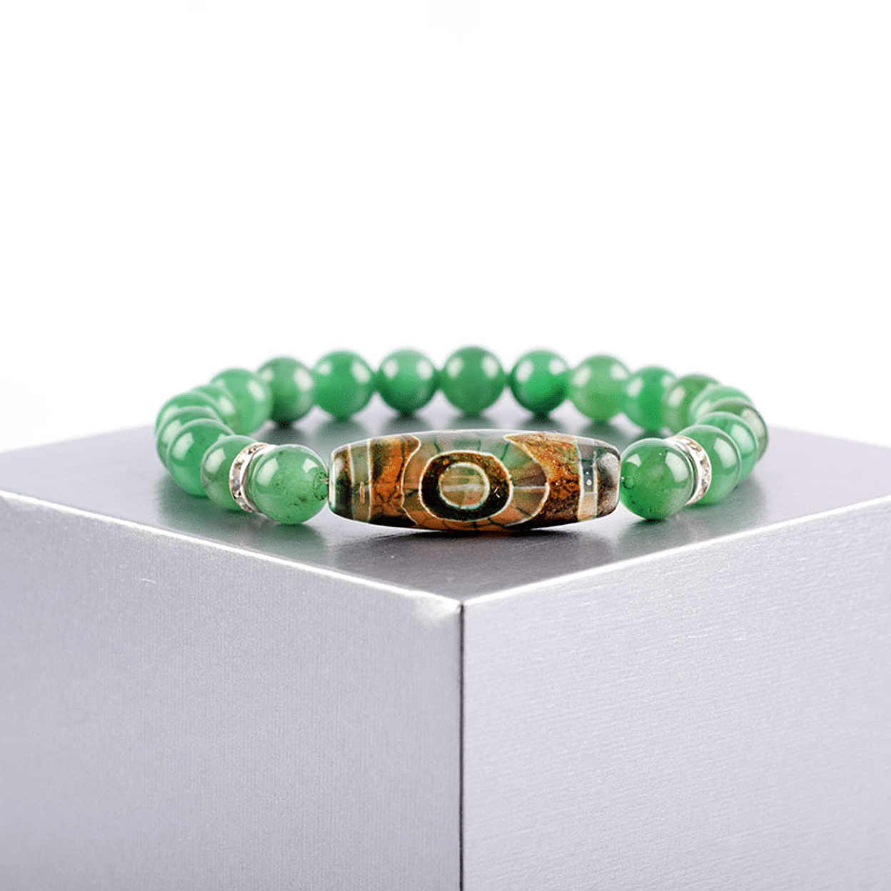 Three-Eye Dzi Bead Bracelet – Tibetan Green Dongling Agate