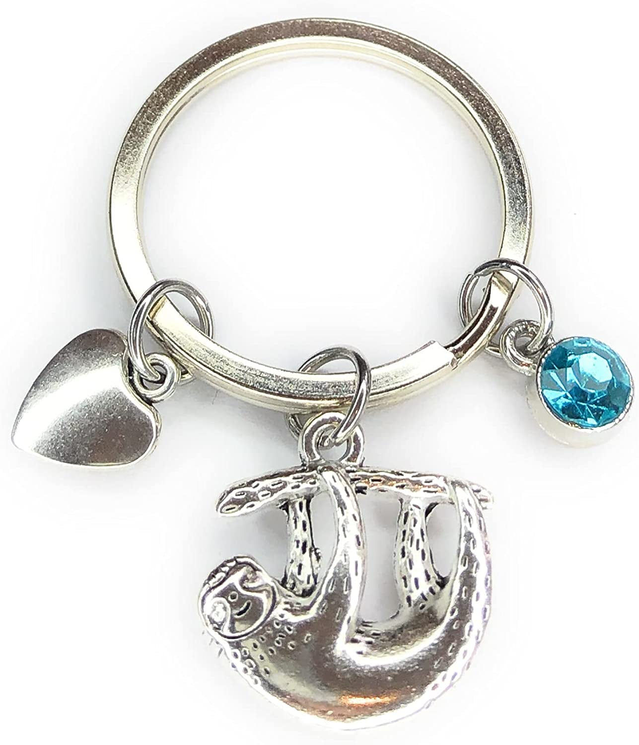 Sloth Keyring Key Ring with Turquoise Rhinestone and Heart Charm