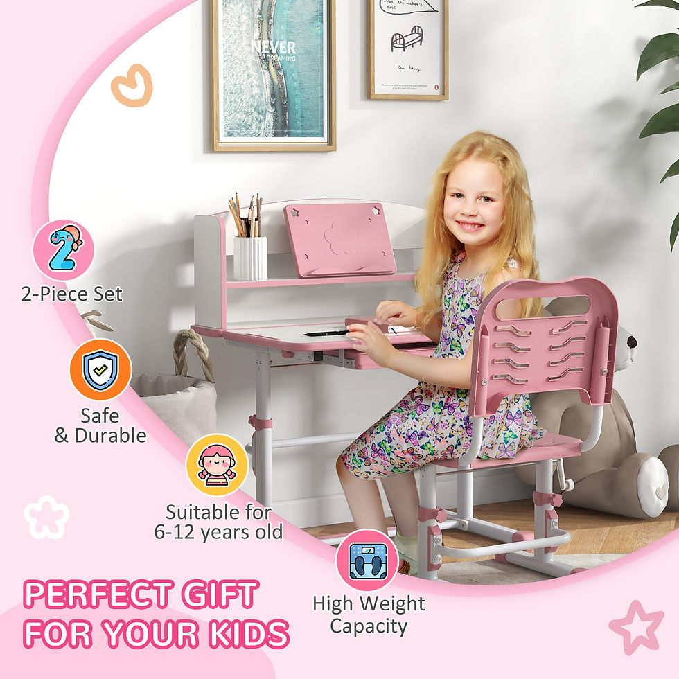 Thumbnail: ZONEKIZ Height Adjustable Kids Desk and Chair Set, with Drawer, Bookshelf, Pink