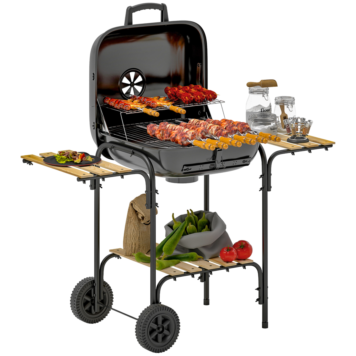 Charcoal Barbecue Grill Portable BBQ with Lockable Lid, Vent