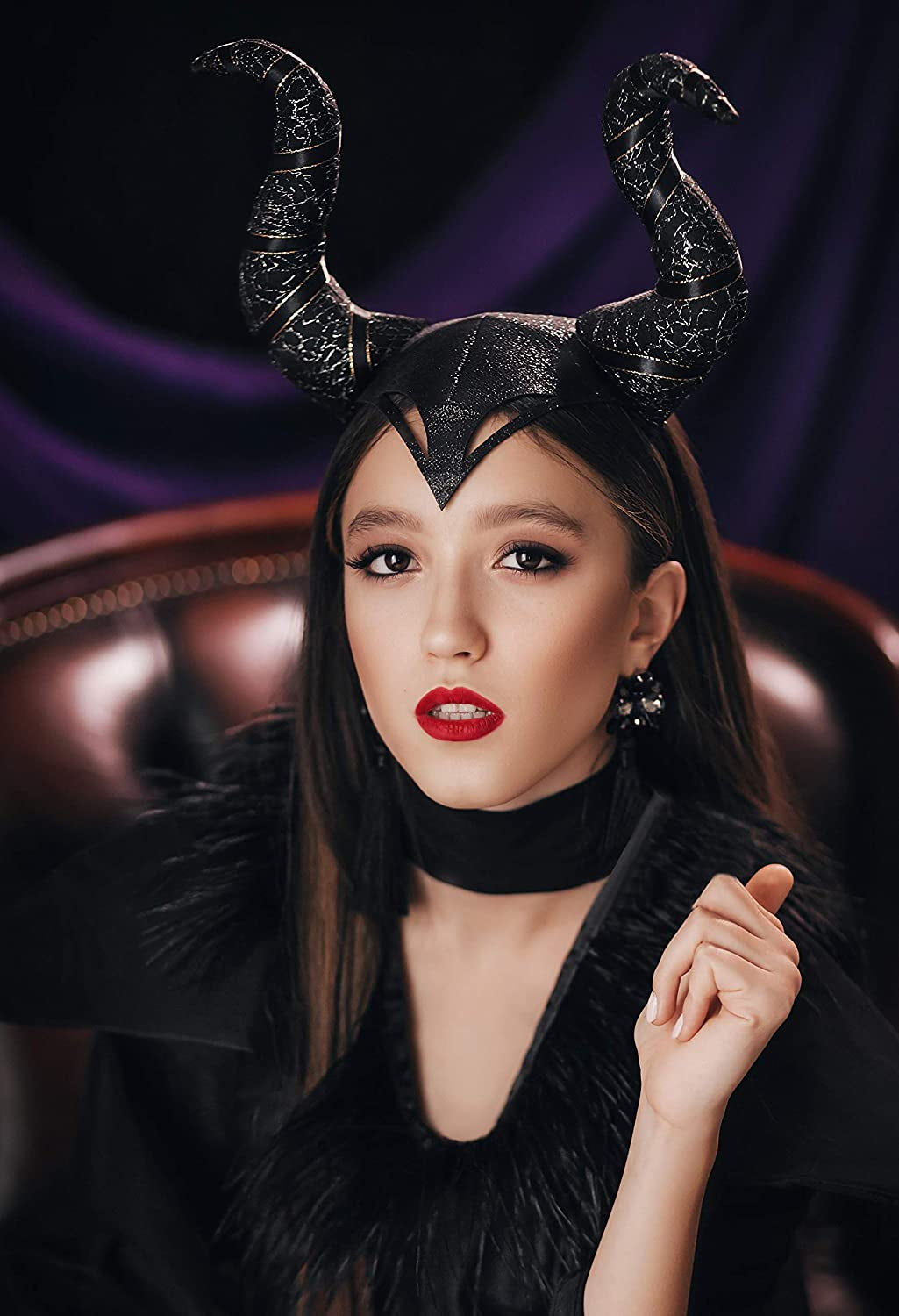 Witch Costume Evil Halloween Witch Black Angel Wings Halloween Staff Black Horns