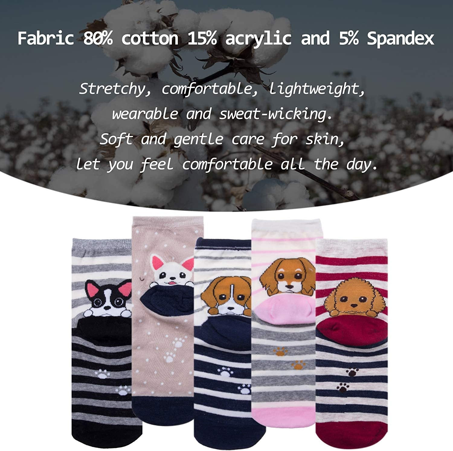 5 Pairs Womens Animal Funny Socks, Cute Cat Dog Cotton Socks for Ladies - Therma