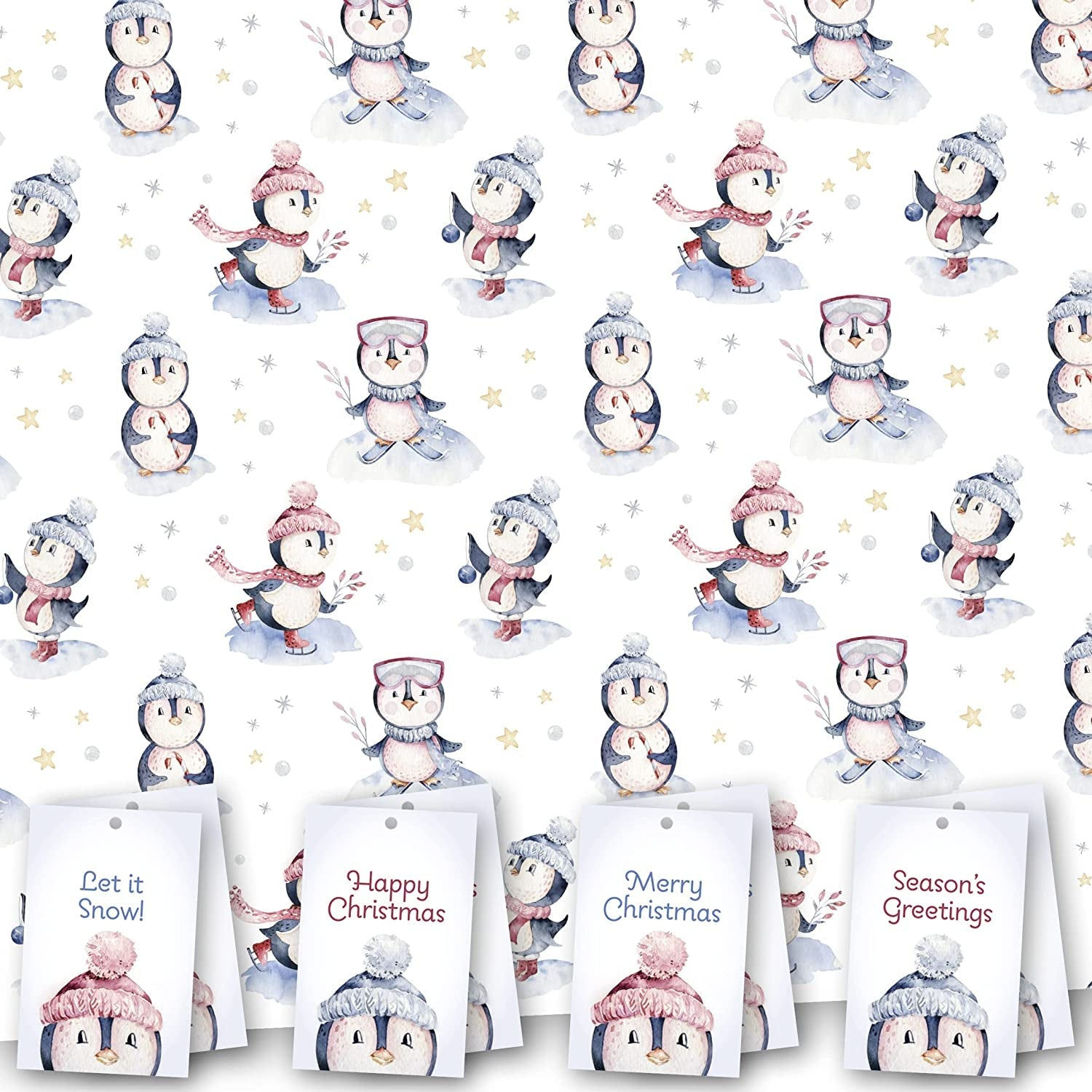 Christmas Wrapping Paper. 8 XL Sheets (50 x 70cm). Cute Penguin design. Gift Wra
