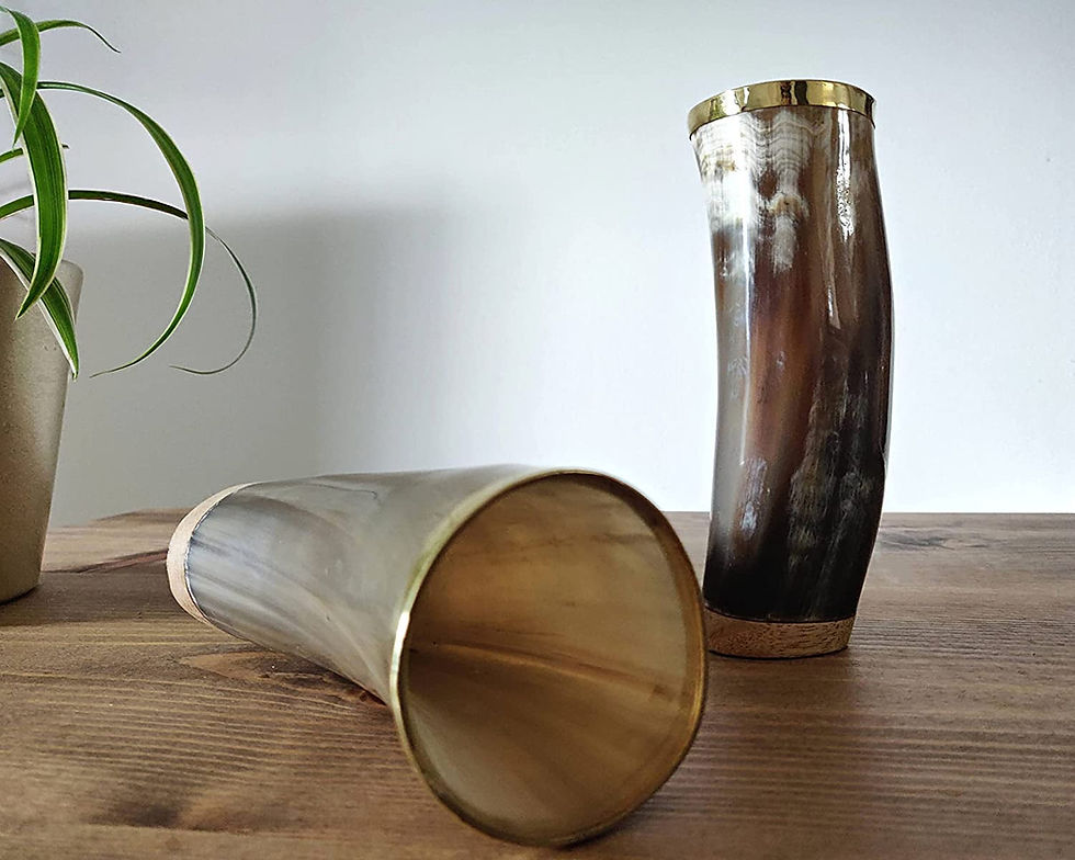 Thumbnail: Viking Drinking Horn Cup with Top Brass Rim and Wooden Base by