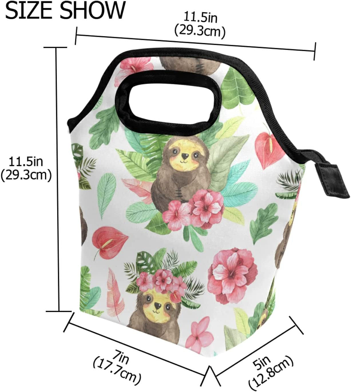 Reusable Lunch Tote Bag Watercolor Art Painting Cute Sloth Flower Lunch Box Bag