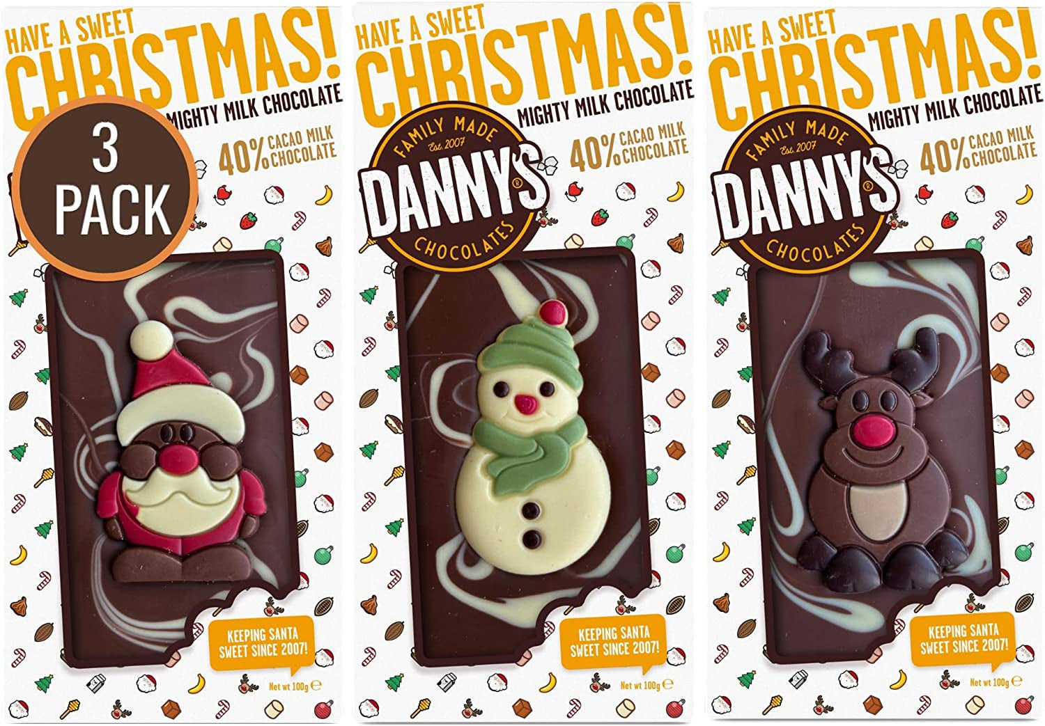 Dannys Christmas Chocolates - 3 x Large 100g Christmas Chocolate Bars Selection