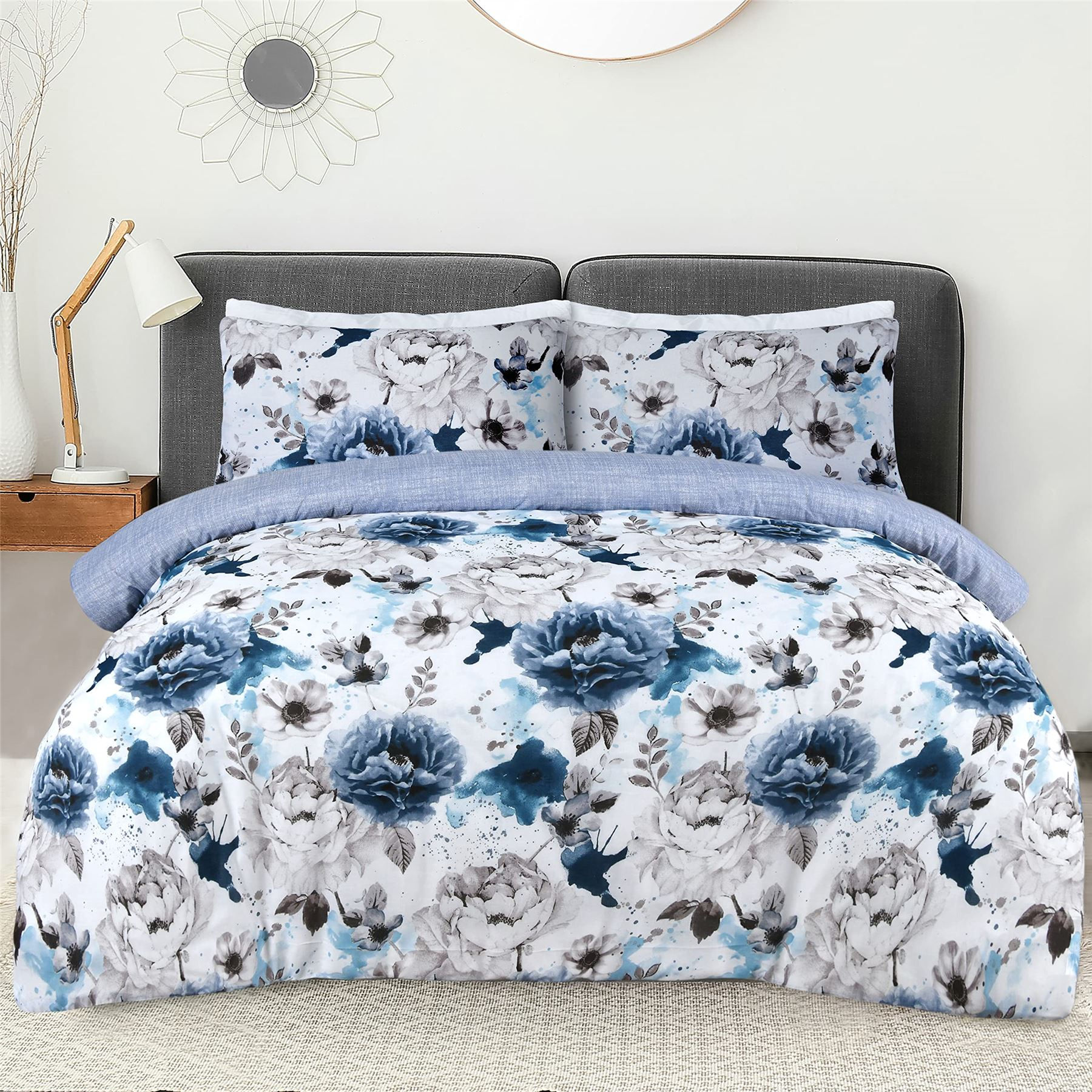 Inky Floral Blue Single Duvet Cover Set – Modern Bedding Set