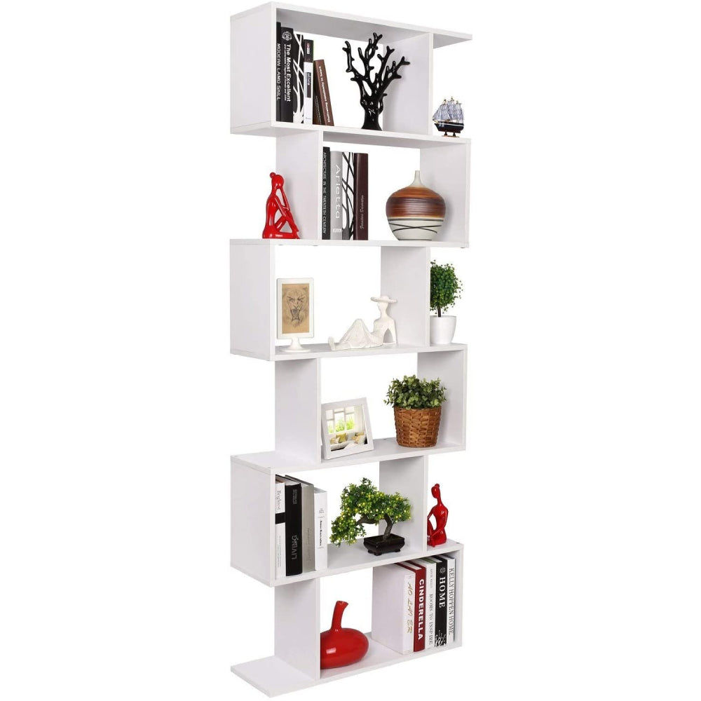 Contemporary Geometric Wood Bookcase: Versatile S-Zigzag Design with 6 Shelves