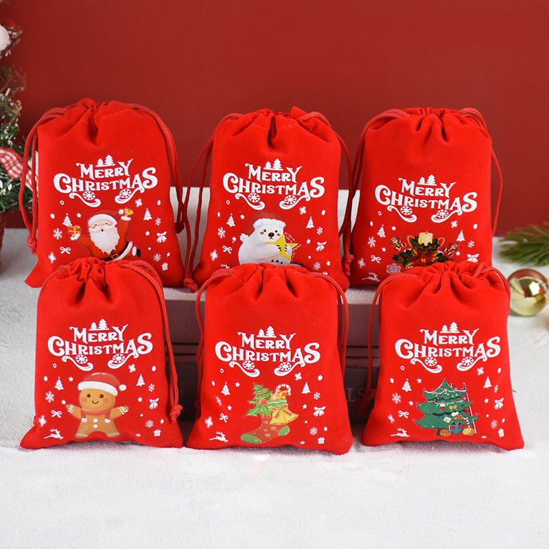 Thumbnail: 5pcs Red Christmas Velvet Bags Drawstring Pouch Candy Gift Bag Jewelry Storage