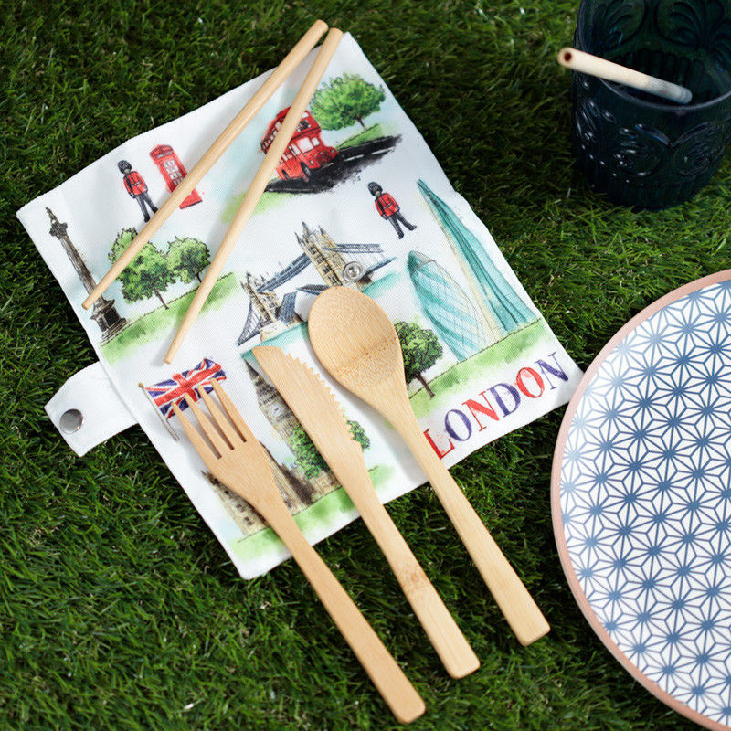 Thumbnail: London Tour Bamboo Cutlery 6 Piece Set in Canvas Holder Novelty Gift