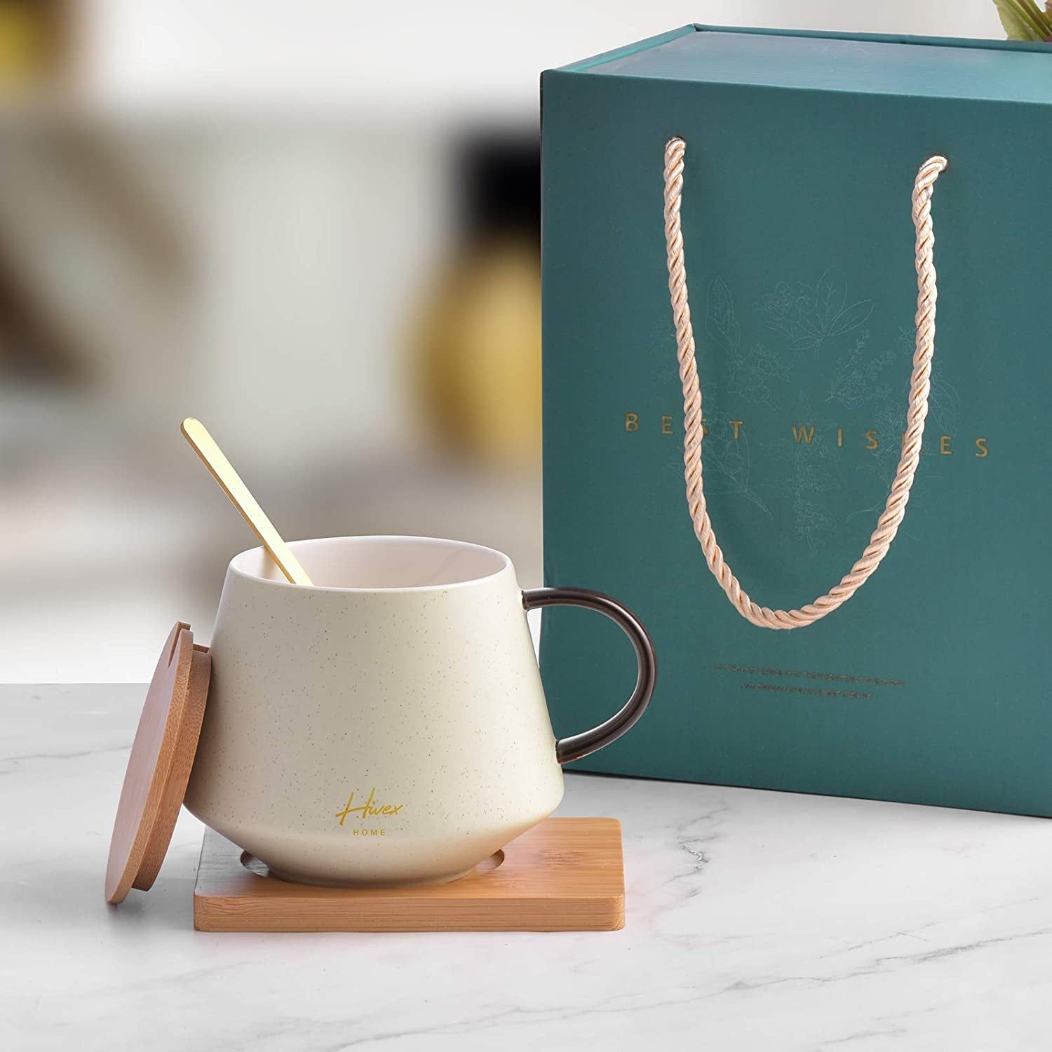 Wooden-Lidded Ceramic Coffee Cup Set with Coaster Pad and Tea Spoon