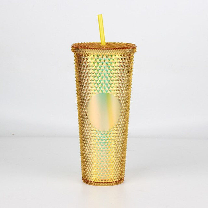 Thumbnail: 710Ml Straw Cup with Lid Studded Matte Finish Double Wall Coffee Mugs Plastic St
