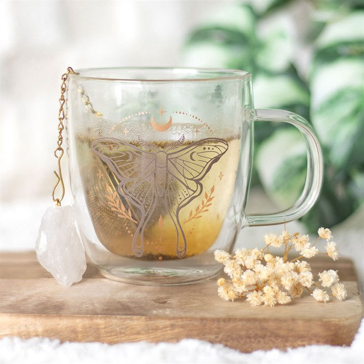 Thumbnail: Luna Moth Double Walled Glass Mug with Crystal Tea Infuser