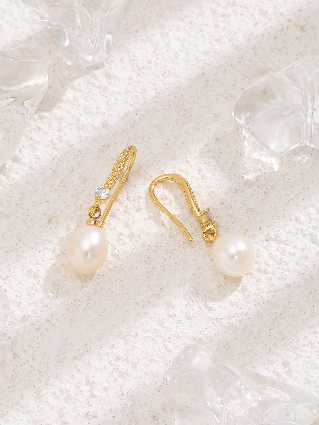 Pearl Drop Hook Earrings with Zircon Crystals