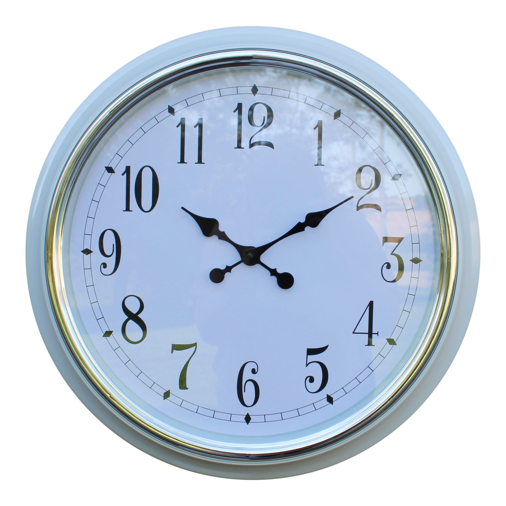 Large Silver Rimmed Wall Clock, White, 56cm. Shipping furniture UK