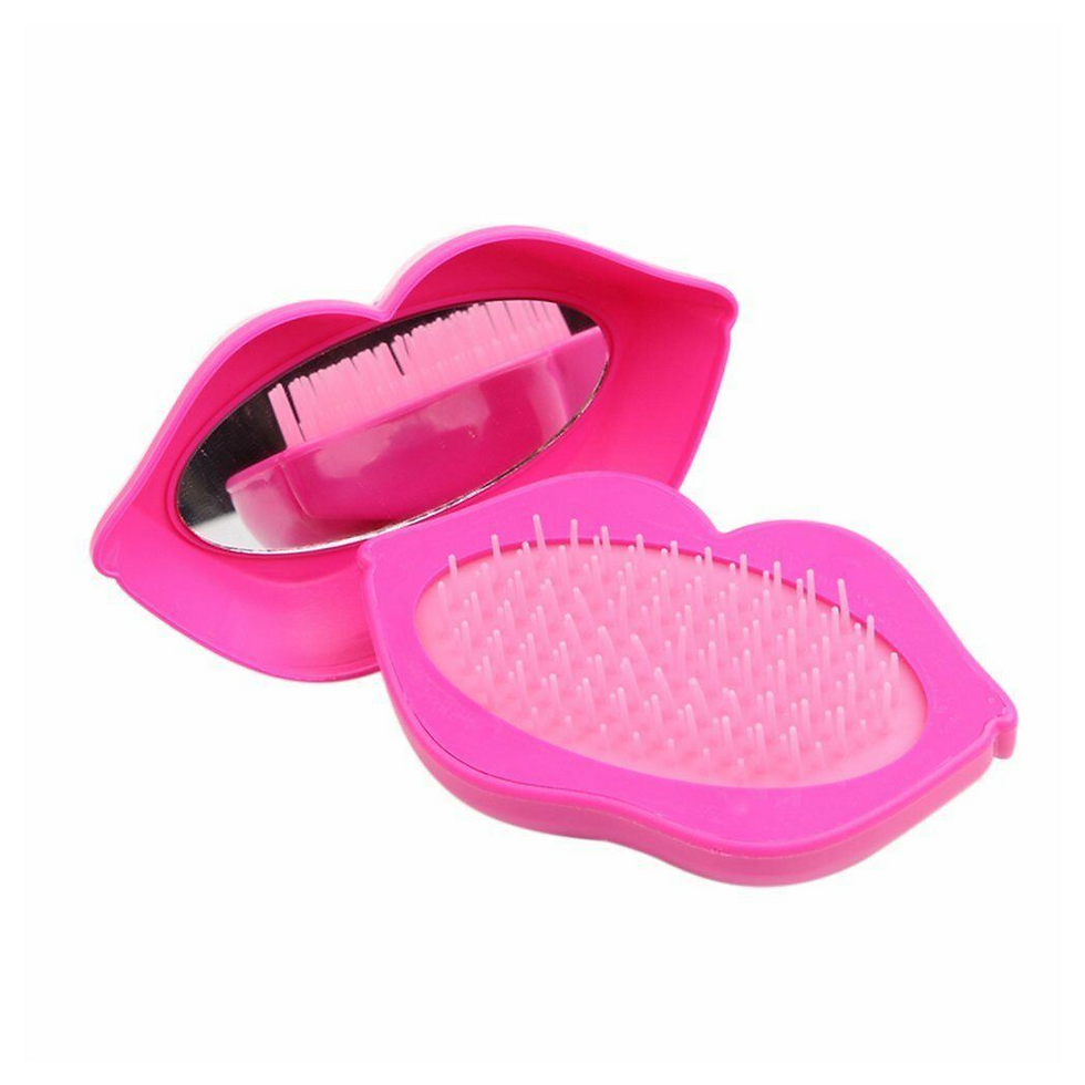 Product: Portable Lip Shape Detangling Hair Brush Massage Comb with Mirror - Rose Pink