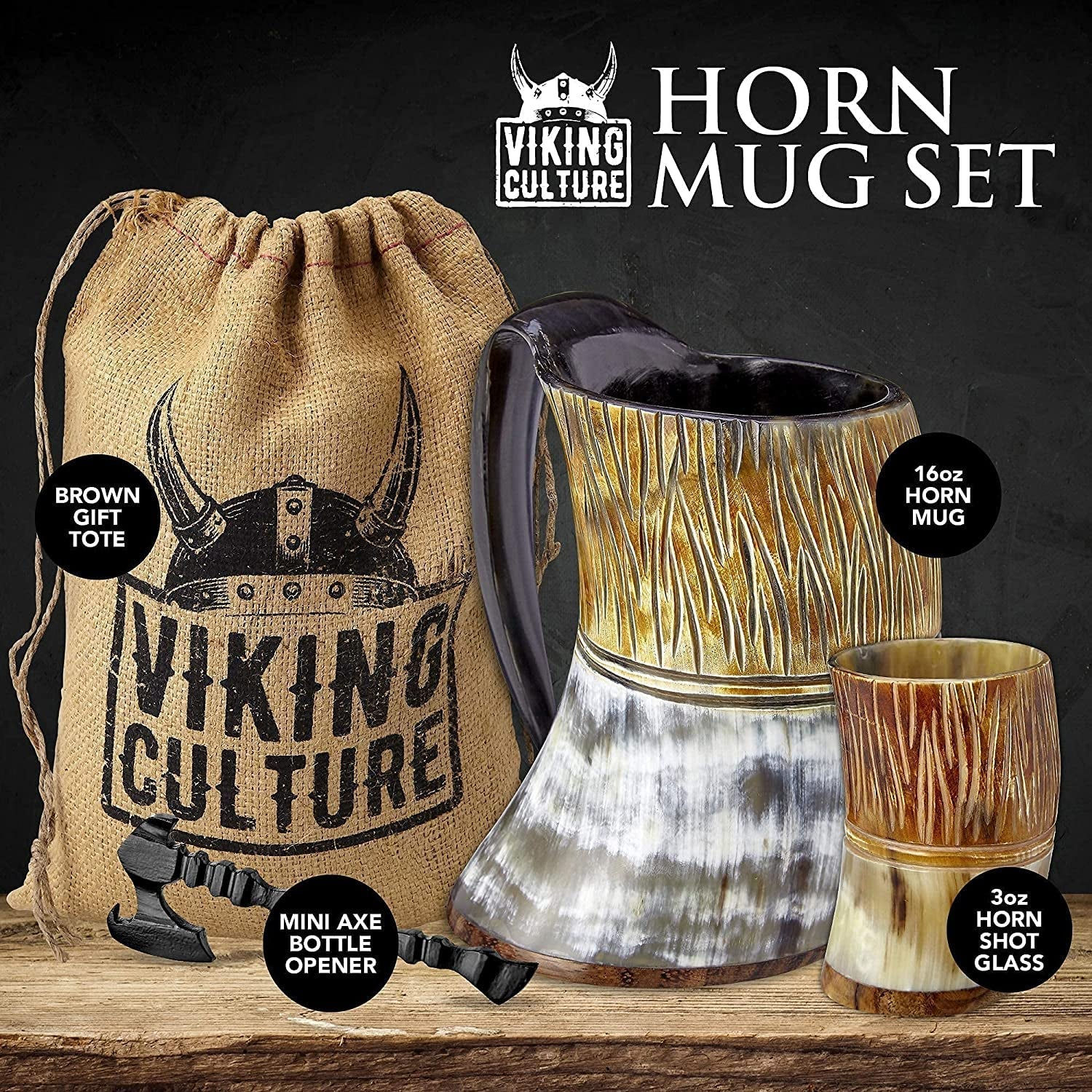 Ox Horn Mug, Shot Glass, and Axe Bottle Opener (3 Pc. Set) Authentic 16-oz. Ale,