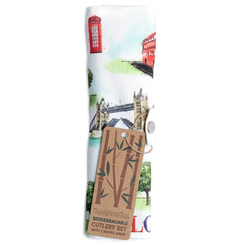 Thumbnail: London Tour Bamboo Cutlery 6 Piece Set in Canvas Holder Novelty Gift