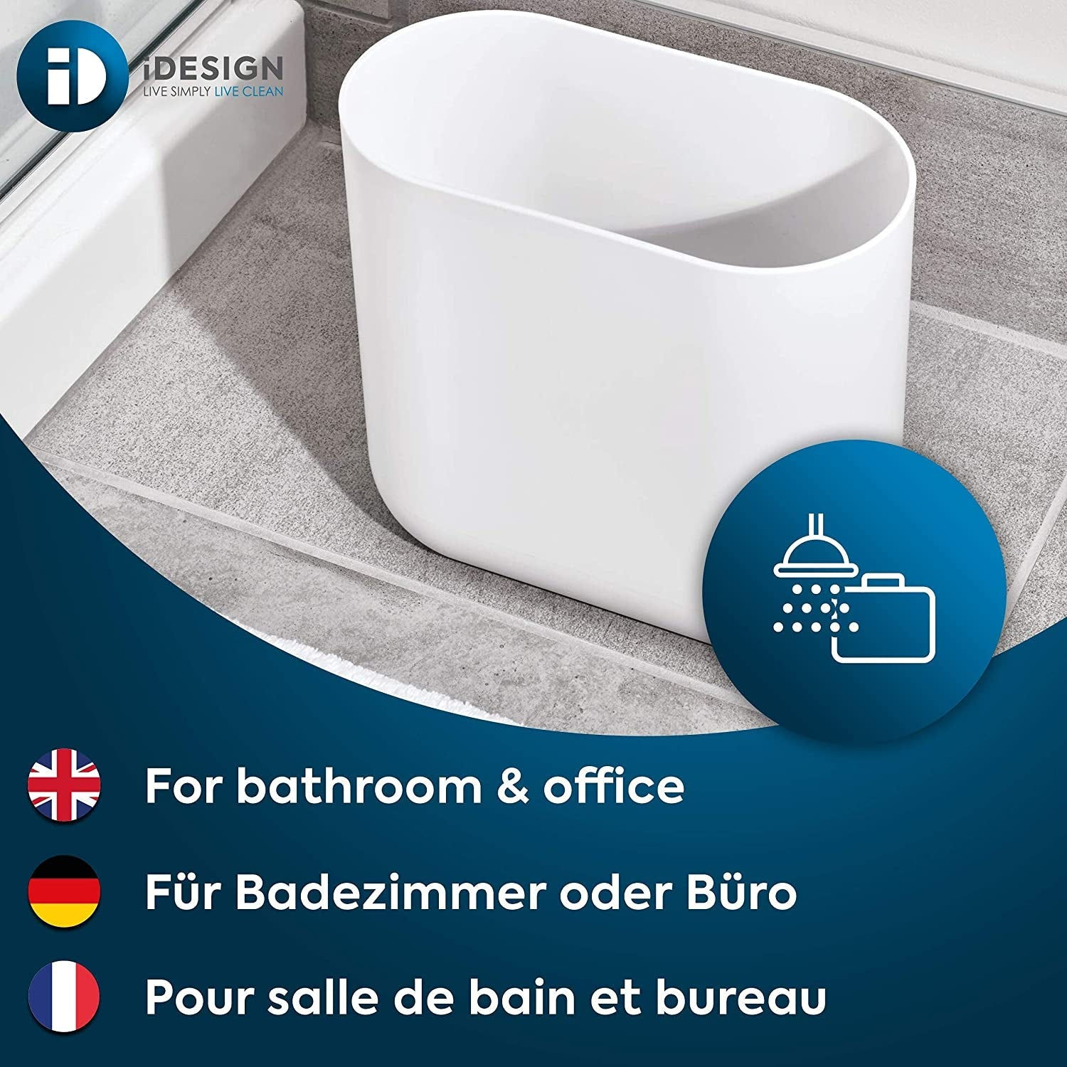 Compact Bathroom Bin, Slim Plastic Bin for Bathroom, Bedroom or Office Waste, Du
