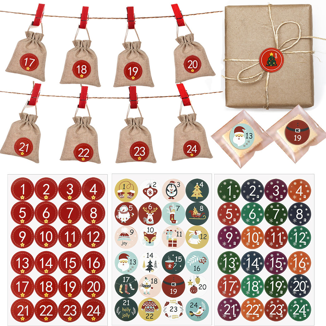 24PCS Christmas Stickers Advent Calendar Number Stickers for DIY Gift Packaging