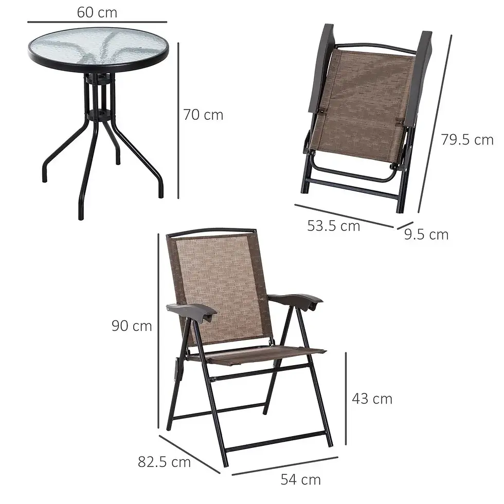 Thumbnail: 3 PCS Patio Furniture Bistro Set with Folding Chairs Tempered Glass Table Brown