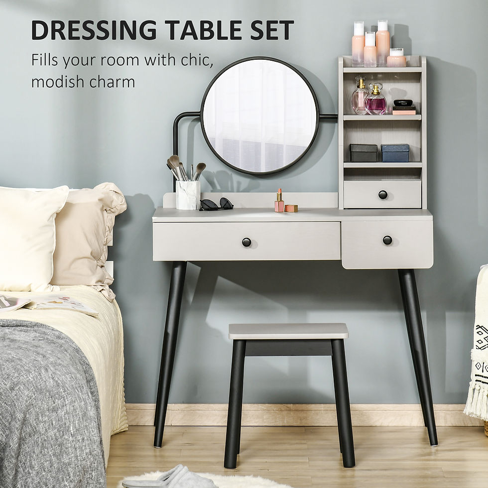 Thumbnail: Dressing Table Set with 3 Drawers, Storage shelves and Stool, Grey