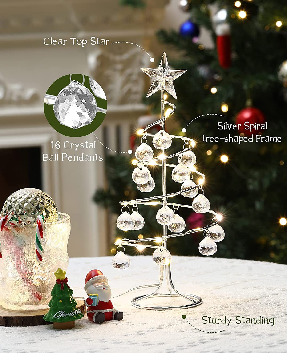 Christmas Ornament with Crystal Ball, 10.8 Inch LED Lighted Desk Decoration Star