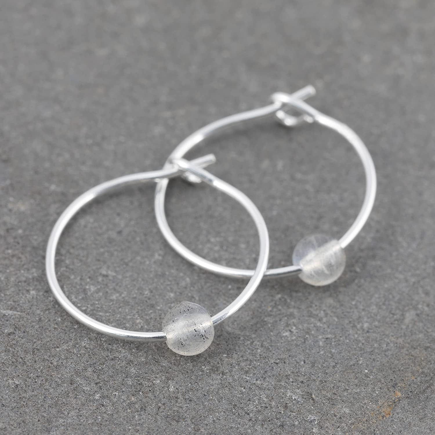Pale Grey Labradorite Gemstone & Sterling Silver Hoop Earrings with Gift Box