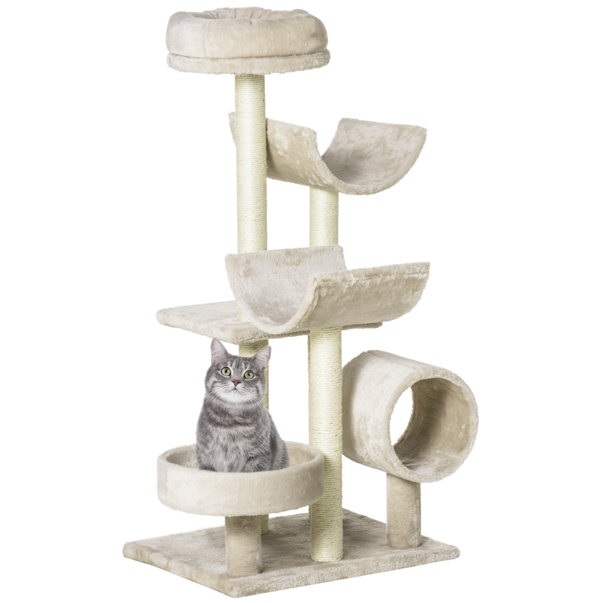 Multi-Level Large Cat Tree Scratching Post Perch Play Center Tunnel Beige