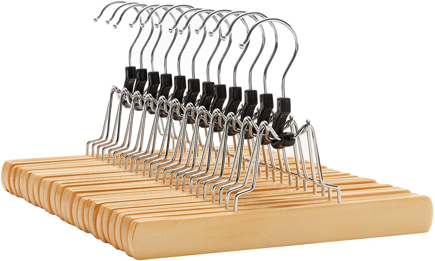 12 Pcs Wooden Trouser Hangers Non-Slip Chrome Hook 360 Degree Rotating Natural C
