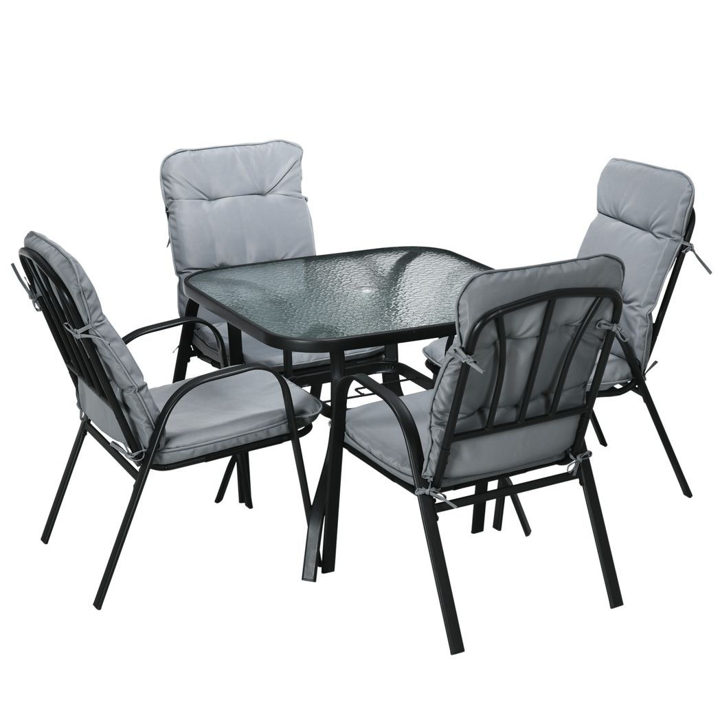 Garden Dining Set, Glass Table w/ Umbrella Hole & Texteline Seats