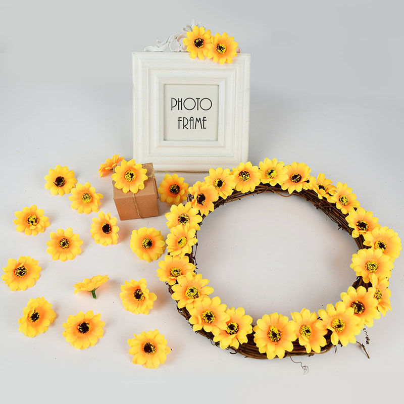 Thumbnail: 50/100pcs 4.5cm Mini Silk Sunflower Heads Yellow Artificial Daisy DIY Wreath