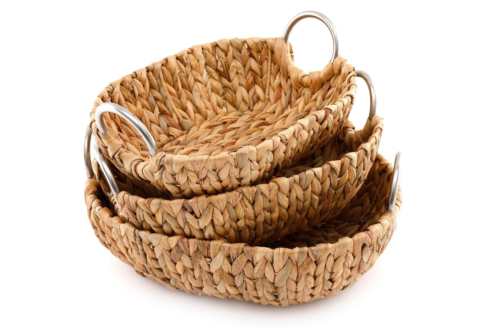 Set of 3 Oval Raffia Natural Baskets With Metal Handles Shipping furniture UK