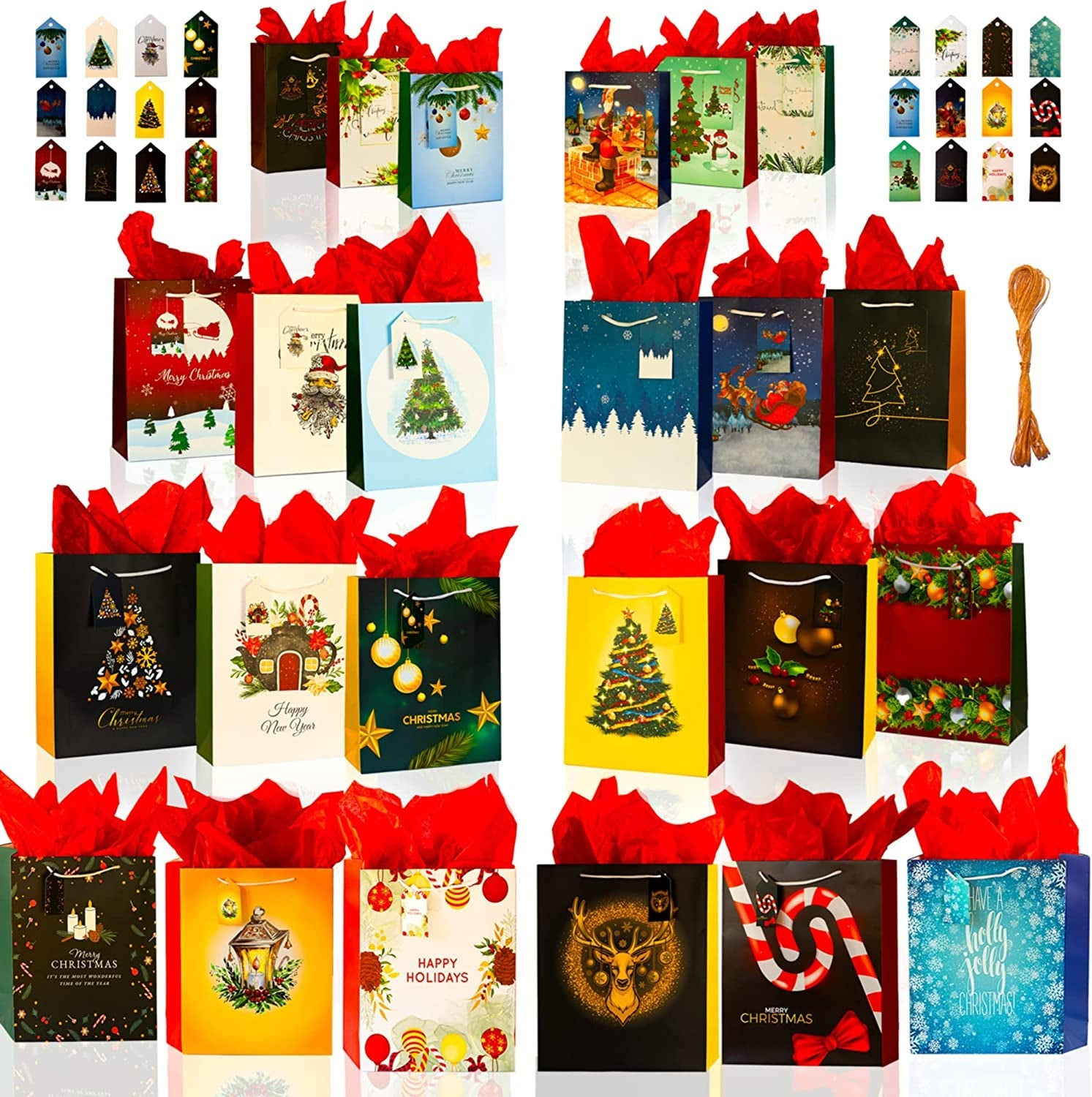 Christmas Gift Bags Set, 24 Pieces Bags in 4 Size Jumbo Large Medium and Small,