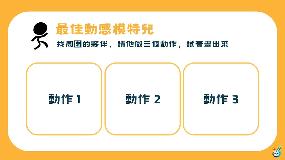 簡報:「最佳動感模特兒」,找周圍的夥伴請他做三個動作,試著畫出來,下方有「動作 1、動作 2、動作 3」三個空白卡片