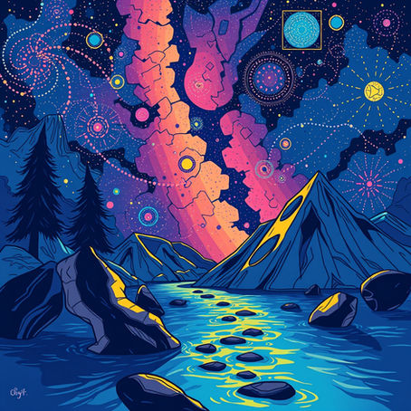 Abstract image of mountains around an ocean. The image is in shades of dark and light blue, and cosmic purples and pinks. There are lighter rings around the rocks in the water depicting light shining on them