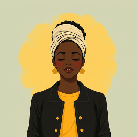 A Black lady reflecting on feedback. She is wearing business style clothes (yellow top, black jacket) and has her eyes closed