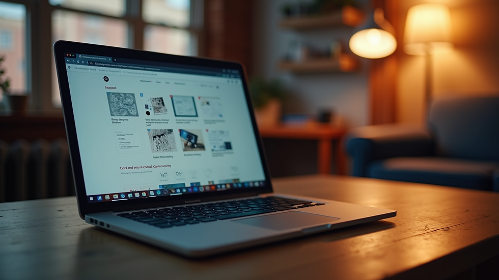 Eye-level view of a laptop screen showing an online artist community platform