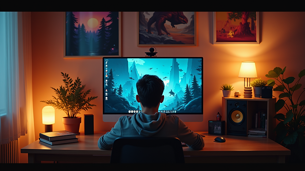 Eye-level view of a cozy gaming setup with indie game posters