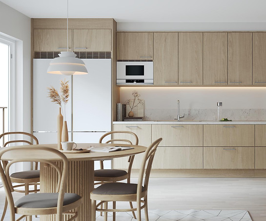 Beautiful scandinavian light oak kitchen in 3D