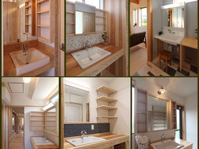 洗面脱衣室の灯りイロイロ　明かり取り窓、洗面カウンター、収納棚、鏡、床仕様、水栓、壁の一部にモザイクタイル施工などの例