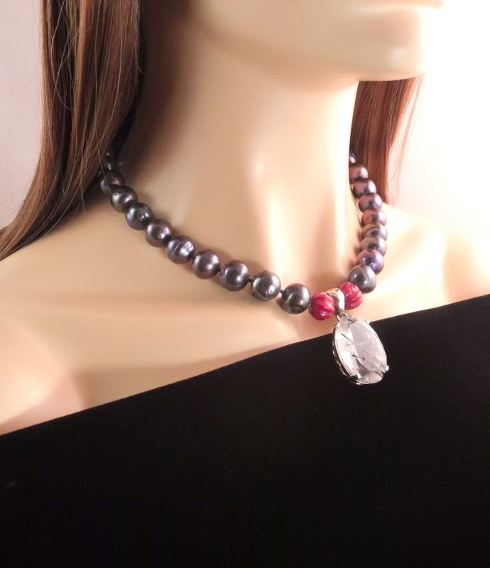 Thumbnail: Elegant Dark Grey Pearl Necklace with Tourmaline Quartz Pendant