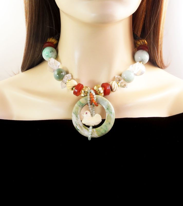 Thumbnail: Green Jade Disc Encircles Bone Duck, on Necklace of Jade, Crystal & Carnelian