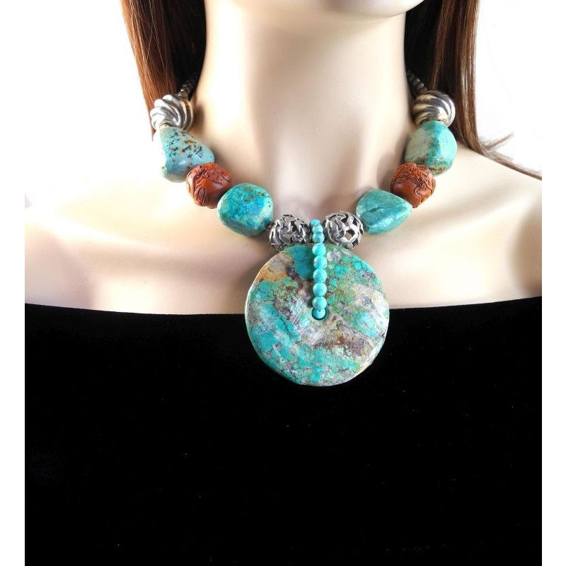 Thumbnail: Amazing Antique Turquoise Disc Necklace with Silver & Carved Wood Dragons